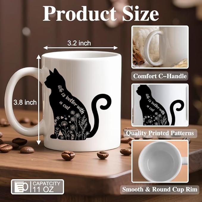 Life Is Better With A Cat Ceramic Coffee Mug for Women Men, Funny 11oz Floral Black Cat Mug for Cats Dad Mom, Cats Lover Gifts, Novelty Mothers Day Christmas Birthday Gifts