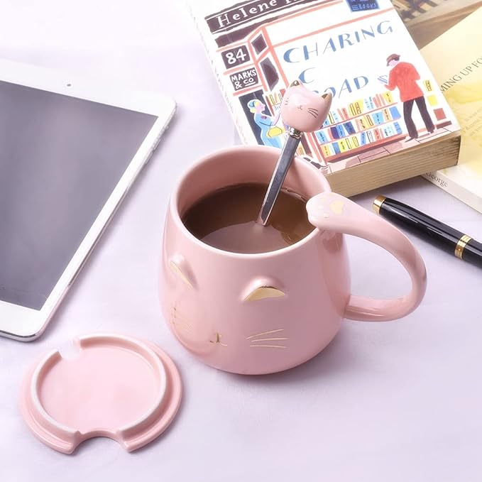 Pink Cat Mug, Cute Kitty Ceramic Coffee Mug with Stainless Steel Spoon, Novelty Coffee Mug Cup for Cat Lovers Women Girls