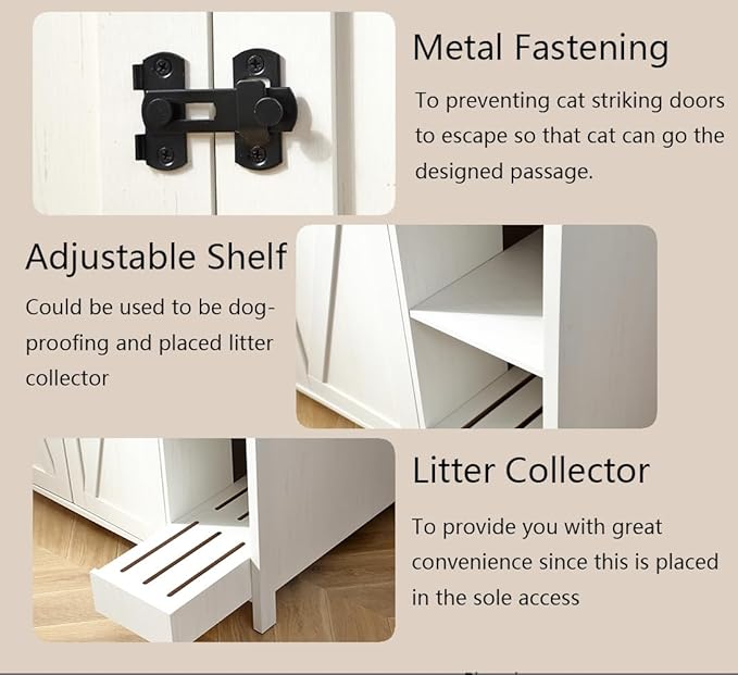 Large Cat Litter Enclosure with Litter Collector,Enclosure for self-Cleaning Litter Boxes,Adjustable Shelf for Dog Proof,Outlet,Locks Added for cat,Cat Washroom Cabinet,Cloud White