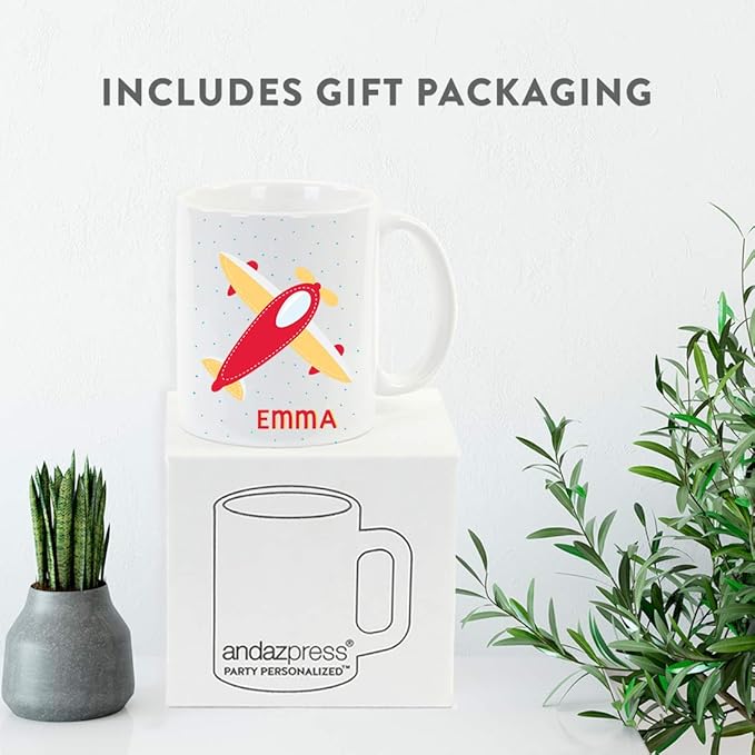 Andaz Press Personalized 11oz. Kids Hot Chocolate Mug, Red Vintage Airplane, 1-Pack, Custom Aeroplane Plane Child’s Birthday Christmas Coffee Cup