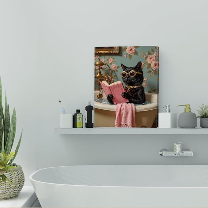 Funny Cat Bathroom Canvas Wall Art, 11.4x15in Cat Framed Art Paintings Wall Decor Unique Gifts Animal Lover Prints Picture for Living Room Bathroom Farmhouse Decor