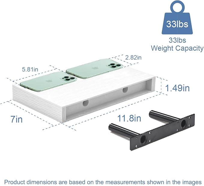 Floating Shelves for Wall White Shelves Bathroom, Bedroom and Living Room, Wall Shelves & Book Shelf, Hanging Shelf, Modern Wooden Wall-Mounted Small Floating Shelf, 12x7x1.5 in, Set of 2