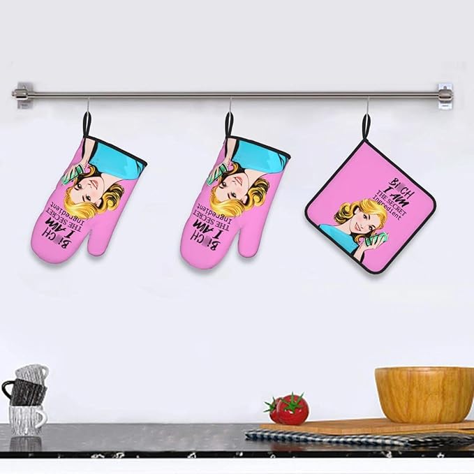Funny Oven Mitts and Pot Holders Sets, Cute Pink Heat Resistant Oven Gloves and Hot Pads for Baking Cooking Grilling BBQ, Funny Kitchen Baking Gifts for Baker Chef Women