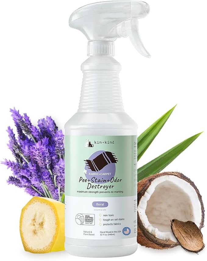 kin+kind Pee+Stain+Odor Destroyer - Fabric+Carpet - Maximum Strength - Stops Re-Marking - USDA Certified Biobased - Floral - 32 fl oz