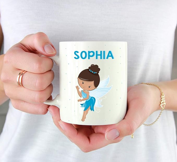 Andaz Press Personalized 11oz. Kids Milk Hot Chocolate Mug, Blue Fairytale Princess, 1-Pack, Custom Child’s Birthday Christmas Coffee Cup