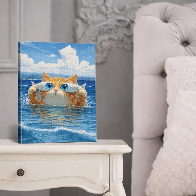Coastal Fish Cat Wall Art Decor Whimsical Cat Fish Eyes Canvas Print Picture Funny Animal Wall Decor for Home Living Room 8x10 Inch Canvas Framed
