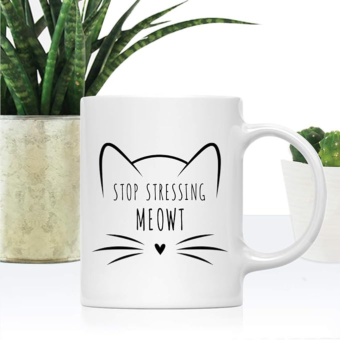 Andaz Press Funny Cat Lover 11oz. Ceramic Coffee Tea Mug, Stop Stressing Me Meowt, 1-Pack, for Cat Mom, Birthday Christmas Ideas, Includes Box