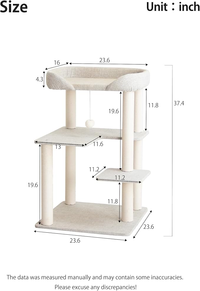 Mordern Cat Tree Tower 37.4'' (95 cm) with Scratching Posts,Multi-Level Cat Tree Tower with Large Base for Multiple Baby/Large Cats, Scratching Posts (Light Gray)
