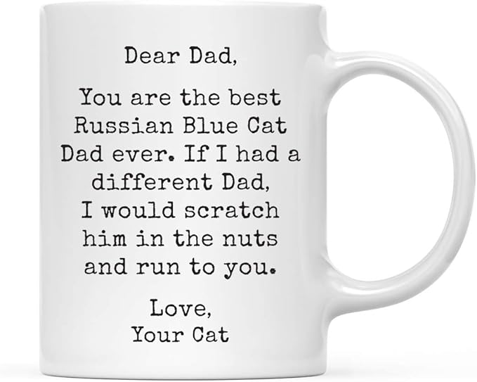 Andaz Press Funny Dad 11oz. Coffee Mug Gag Gift, Best Russian Blue Cat Dad, Scratch in Nuts and Run to You, 1-Pack, Cat Lover's Christmas Birthday Ideas, Includes Gift Box