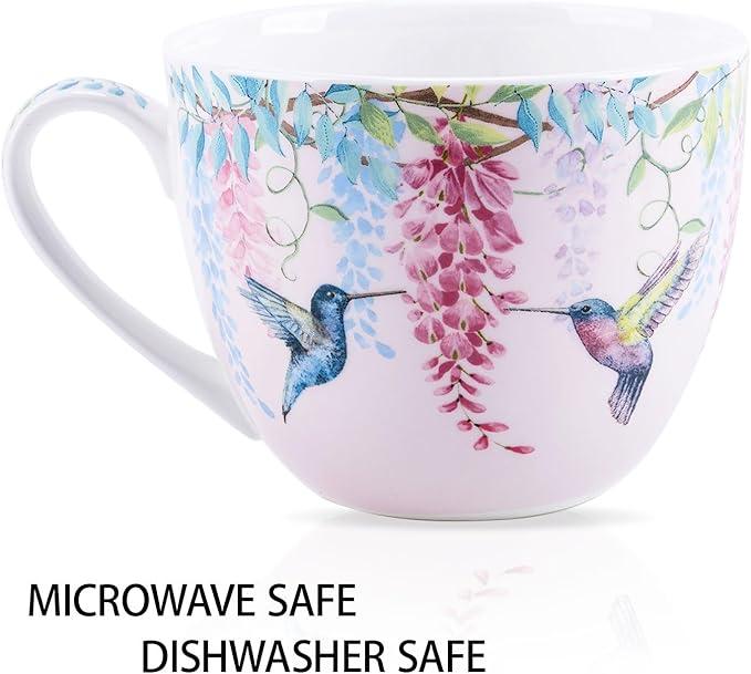Spring Hummingbird Hug Mug - 20oz Pink Bone China Coffee Tea Mug with Floral Vine & Fluttering Hummingbirds, Thoughtful Gifts for Mom Women Mothers Day, Designed in England by Harvest Green Studio