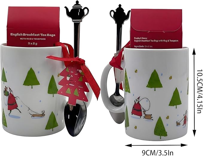 Christmas Holiday Mug Gift — Festive Ceramic Mug with Holiday Illustrations, Includes Tea Bag & Decorative Spoon, Gift Boxed — Perfect Stocking Stuffer, Holiday Hostess Present