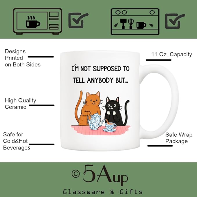 5Aup Cat Lover Mug 'Secret Keeper' - Funny 11oz Ceramic Coffee Cup with 'I Can't Tell Anyone' Design - Perfect Ideal for Best Friends, Women, Cat Ladies, and Gossip Lovers