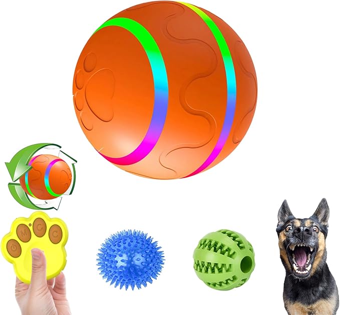 Smart Interactive Dog Toy Ball, Automatic Moving with Remote Controll,Rechargeable and Waterproof, Bouncing Rotating Toy for Medium Large Dogs,Two Gifts Squeaky&Chew Ball