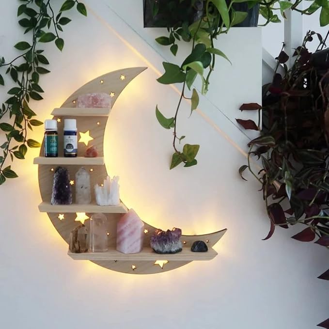 Crystal Display Shelf Wall Moon Shelves Luna Moth Hamsa Hand Holder Floating Wall Mounted Decorative Crystal Shelf (Wooden Moon-38.5 * 36.5cm/15 * 14.4inch)