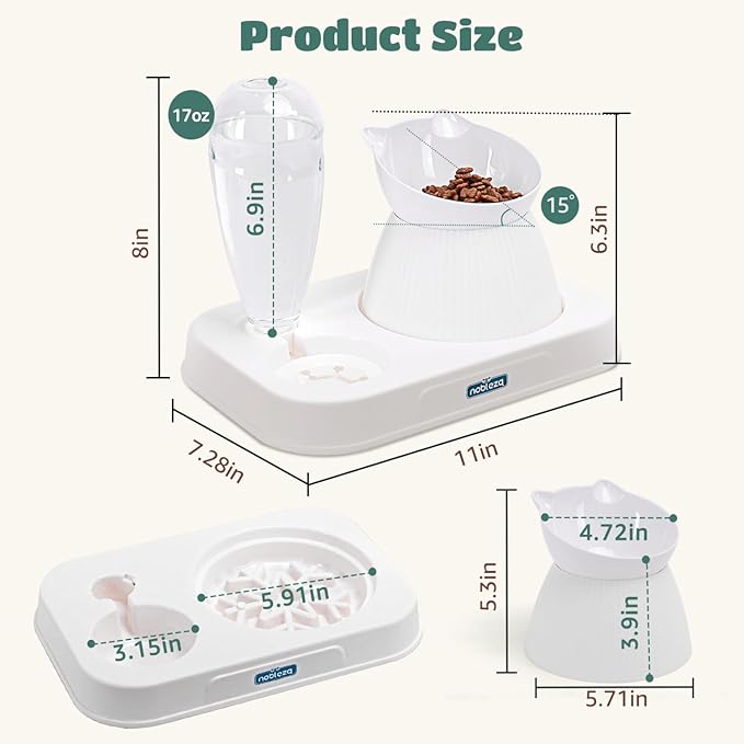 Nobleza 3-in-1 Slow Pet Feeder Bowl Bottle Set, Automatic Pet Dispenser Treat Food & Water Bowl with 15° No Spill Tilted Raised Bowl for Cat Dog Small Medium Pet Kitten Puppy Bunny Healthy Food Water