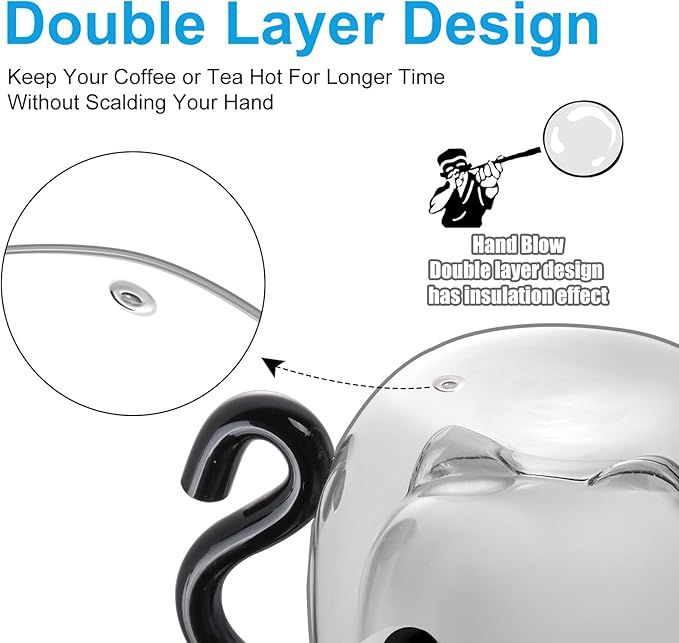 Cute Cat Double Wall Glass Mug, Black Cat 100% Borosilicate Thick Glass with Handle, Heat Resistance