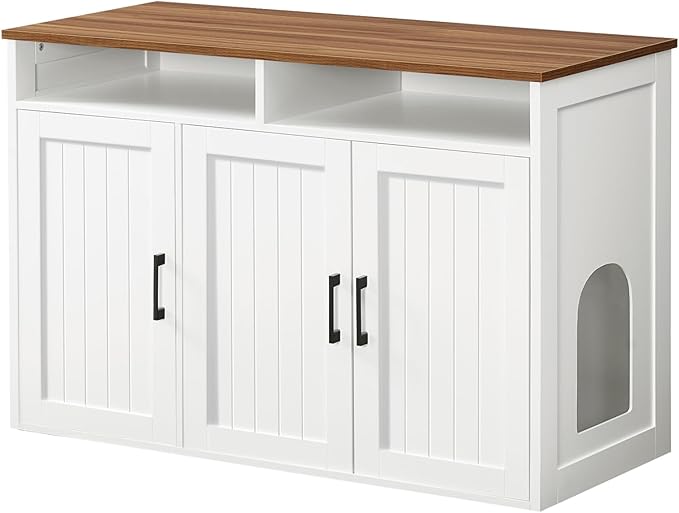 Cat Litter Box Enclosure for Self Cleaning Litter Boxes, Large Hidden Litter Box Furniture with Shelves, Wooden Cat Washroom Storage Cabinet, Automatic Litter Box Enclosure, White CWBZ3001