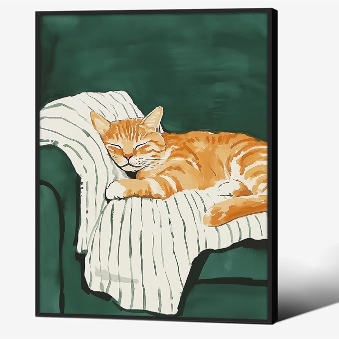 Sleeping Orange Cat poster Green Aesthetic Wall Art Preppy Funky Cute Animal Canvas Painting Gift For Cat Lover 08x10 inch Black Framed for Cozy Room Wall Decor