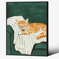 Sleeping Orange Cat poster Green Aesthetic Wall Art Preppy Funky Cute Animal Canvas Painting Gift For Cat Lover 12x16 inch Black Framed for Cozy Room Wall Decor