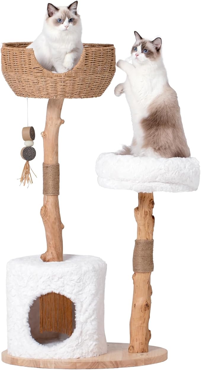 PEGIC Cat Tree Tower with Two Real Branches, 44 INCH Wood Modern Cat Tower with Luxury Cat Condo, Cat Scratching Post, Jumping Platforms, Cat Furniture (Short Plush)
