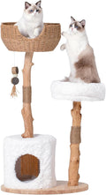 PEGIC Cat Tree Tower with Two Real Branches, 44 INCH Wood Modern Cat Tower with Luxury Cat Condo, Cat Scratching Post, Jumping Platforms, Cat Furniture (Short Plush)