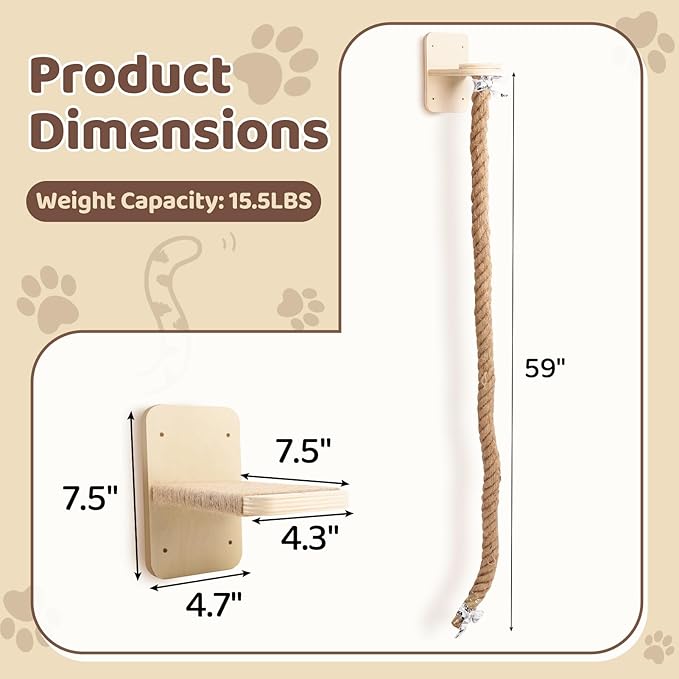 Cat Climbing Wall, Wall Mounted Cat Ladder, Cats Climbings Pole with 59in Climbing Rope, Larger and Wider Base Cats Ladder for Walls with Scratching Post (2m/78.7in Long)