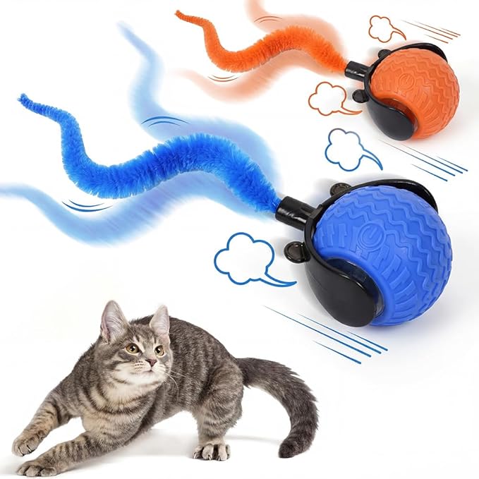 2PCS Interactive Cat Toy Ball for Indoor Cats, 2026 Automatic Moving Cat Toy with Feather Tails, 3-Mode Activated Self Rolling Smart Ball, Rechargeable Toy for Small Medium Large Cats (Orange+Blue)