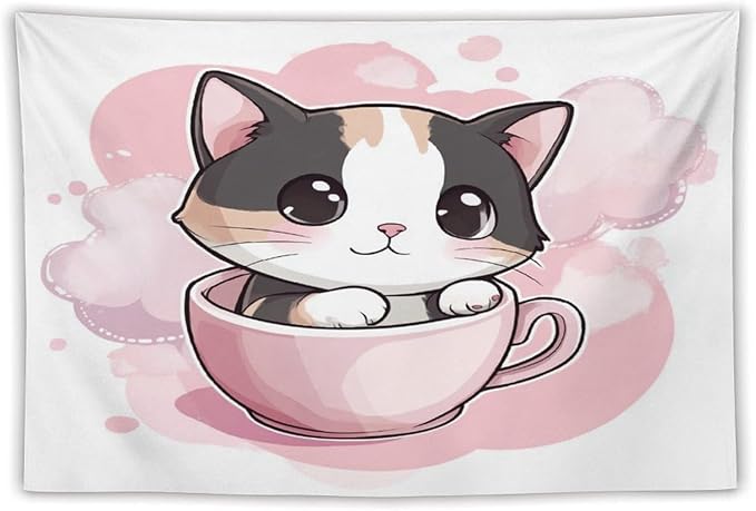 MaSiledy Kawaii Cat Tapestry's Wall Hanging Pink Smile Kitten Cat Face Meow Tapestry Aesthetic Landscape Tapestry Home Decoration for Bedroom Living Room Dorm 60"x90" Gift for Christmas