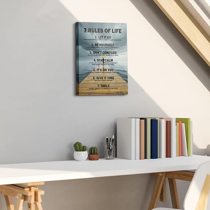 7 Rules of Life Framed Canvas Wall Art, Inspirational Quotes Decor Wall Painting, Motivational Picture Home Decor for Living Room Bedroom Office Classroom, 11.4"x15"
