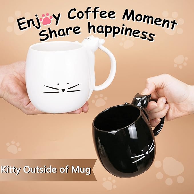 Koolkatkoo Cat Coffee Mug for Women Cute Ceramic Mugs for Cat Lover Tea Cup Black - White