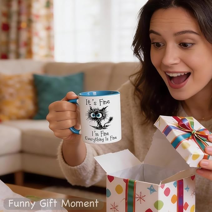 𝗙𝗨𝗡𝗡𝗬 𝗖𝗔𝗧 𝗖𝗢𝗙𝗙𝗘𝗘 𝗠𝗨𝗚 — “Everything Is Fine” Black Cat Mug, 11oz Sarcastic Funny Coffee Mug for Cat Lovers, Women, Coworkers – Microwave & Dishwasher Safe