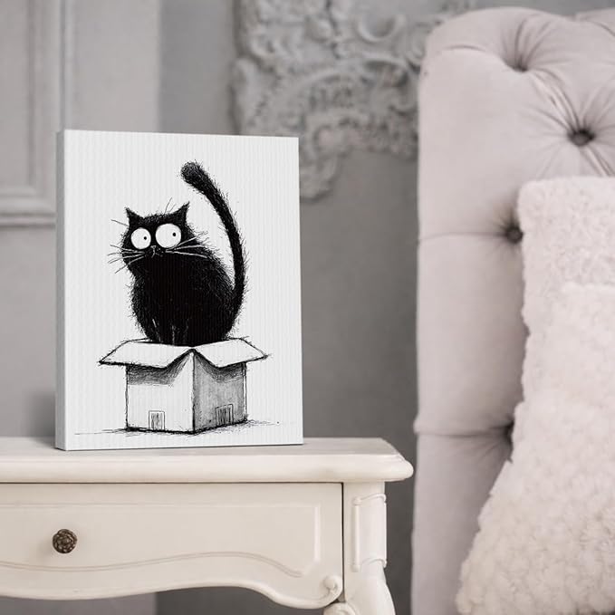 Cute Black Cat in Box Wall Art Decor Cat Lover Gifts Print Picture Modern Wall Decor for Home Living Room 8x10 Inch Canvas Framed