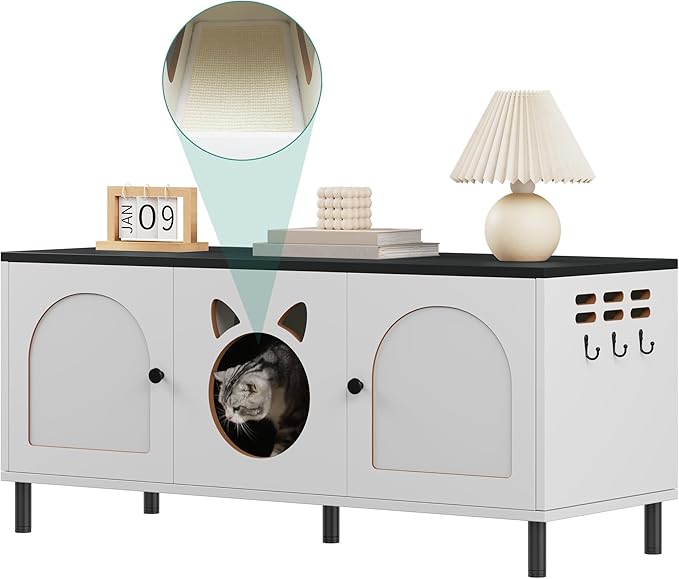 YITAHOME Cat Litter Box Enclosure, 47.2in Litter Box Furniture Hidden, Wooden Washroom Furniture, Hidden Litter Boxes Cover, Cat House Fit Most of Litter Cabinet, End Table, Nightstand, White+Black