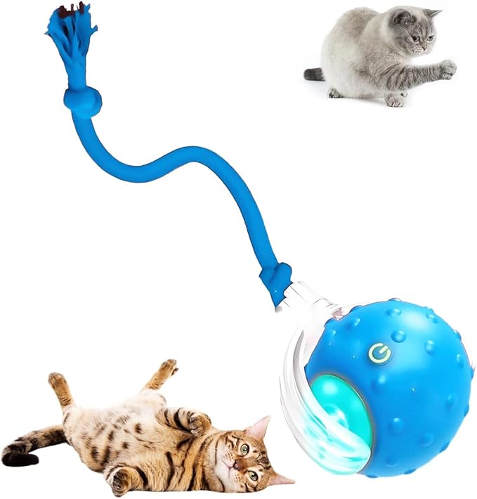 Interactive Cat Toy Balls, 2025 New Interactive Rolling Cat Balls, Upgrade 3.0 Tail Cat‘s Toys with LED Light, Three Modes Smart Automatic Rolling Pet Ball Toy (Blue- Birdcall)