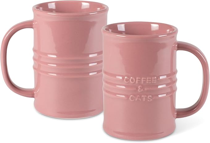 Fringe Studio Stoneware Memento Sculpted Tall Mug "COFFEE & CATS" 3.35"DIA X 4.5"H, 14 fl.oz., Blush Color (436006)