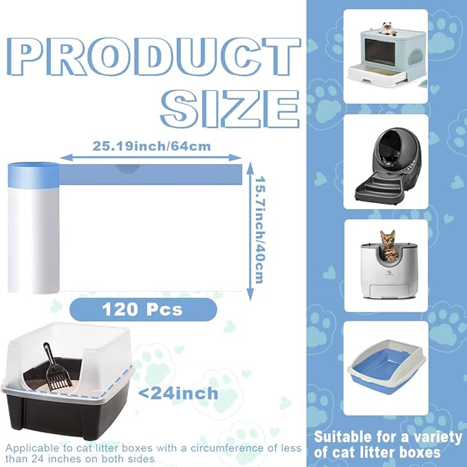 120 Pack Cat Litter Bags with Drawstring, Compatible with Litter Box Robot 3 & 4, 25x15.7 inch Self Cleaning Cat Litter Box Liners, 10-12 Gallons