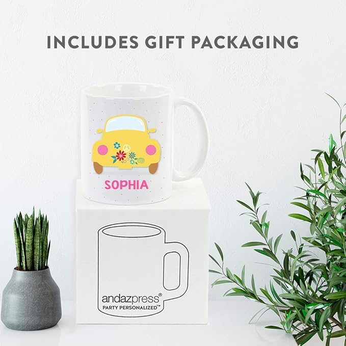 Andaz Press Personalized 11oz. Kids Hot Chocolate Mug, Hippie 1970s VW Yellow Bug, 1-Pack, Custom Child’s Birthday Christmas Coffee Cup