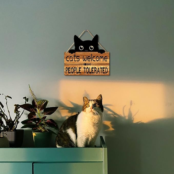 Funny Cat Signs Black Cat Welcome Sign Cat Home Decor Gifts For Cat Lovers Cat Gift For Women Cat Wall Art Halloween Black Cat Wooden Hanging Decor Door Sign Cats Welcome People Tolerated Sign