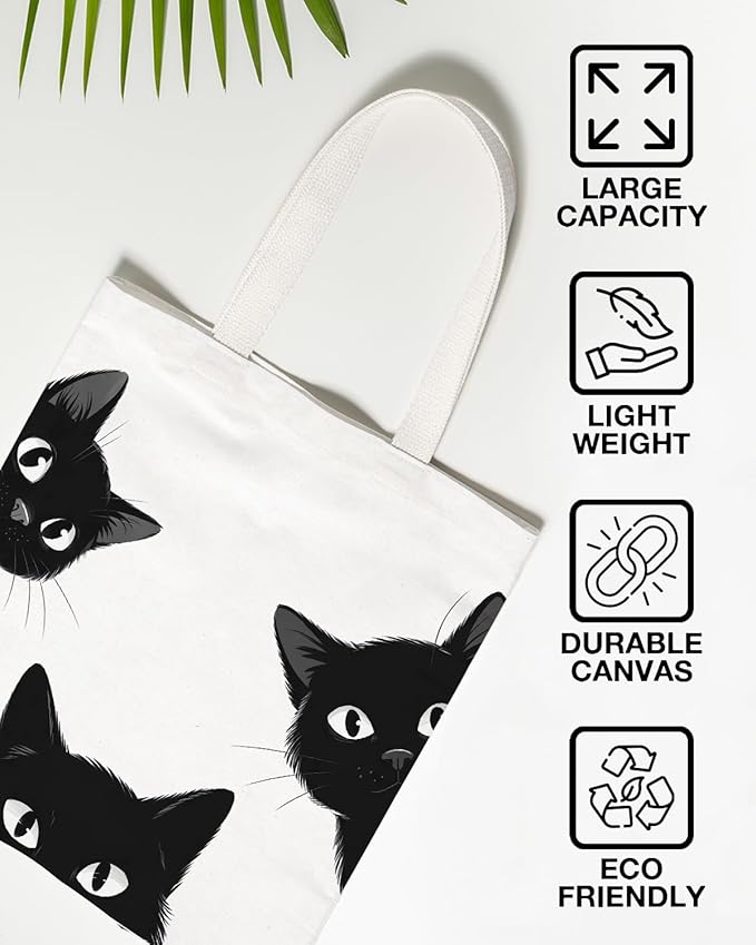 Cute Cat Canvas Tote Bag for Women Funny Cat Bag for Shopping Work Travel Lover Totes Gifts