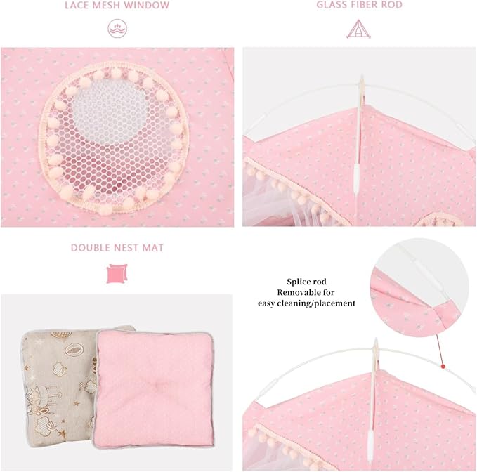 Selena Cat Bed Tents Dog House Indoor Outdoor Lace Mesh Breathable Windows Door Curtains Removable Portable Nest Teepe House (Large,Pink(Flower))