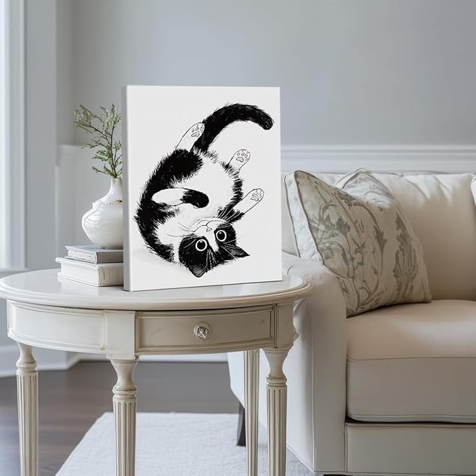 Modern Tuxedo Cat Wall Art Decor Cute Black and White Cat Print Picture Wall Decor for Home Living Room 8x10 Inch Canvas Framed