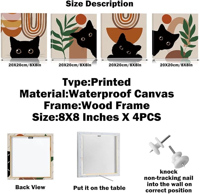 4 PCs Boho Cat Canvas Wall Art Framed Wall Decor, Botanical Wall Decor Bohemian Decor, Cat Lover Gifts, Cat Themed Gifts Art Prints Paintings, Cat Pictures Home Decor for Kitchen Bedroom Farmhouse