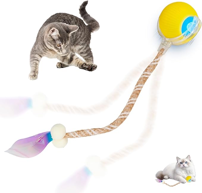 Interactive cat Toy cat Toys for Indoor Cats Agile Moving Cat Ball with Elastic Mesh Tail Automatic Kitten Toys Motion Activated Ball (Yellow)