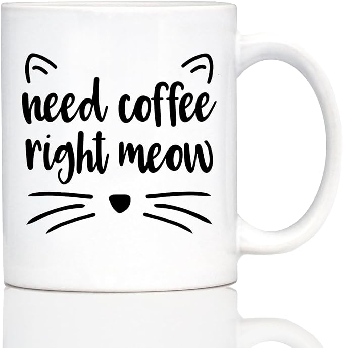 Bevvee Need Coffee Right Meow - Funny Cat Themed Coffee Mug Gifts & Decor - 11oz White Ceramic Mug