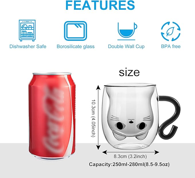 Cute Cat Double Wall Glass Mug, Black Cat 100% Borosilicate Thick Glass with Handle, Heat Resistance