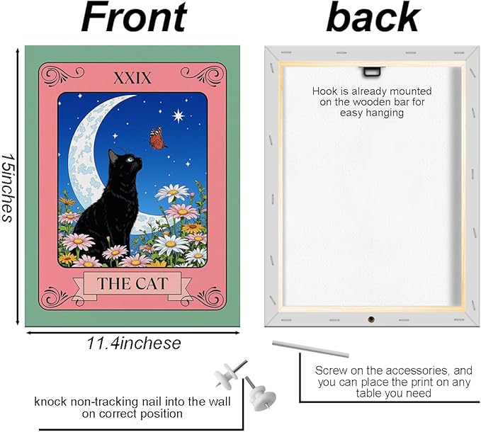 The Cat Tarot Card Wall Art, Gifts for Cat Lovers, Botanical Flower Framed Canvas Prints Aesthetic Decor, Vintage Moon Posters Artwork for Walls Living Room Entryway Bedroom Decor 15x11.4 inch