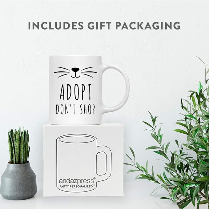 Andaz Press Funny Cat Lover 11oz. Ceramic Coffee Tea Mug, Adopt Don't Shop, 1-Pack, for Cat Mom, Birthday Christmas Ideas, Includes Box