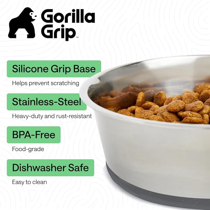 GORILLA GRIP Dog Bowls, Food Grade 304 Stainless Steel, Holds 8 Cups Each (64 fl oz) Food and Water Bowl for Feeding Dogs and Cats, Dishwasher Safe, Rust Resistant, BPA Free Rubber Base Set of 2 Gray