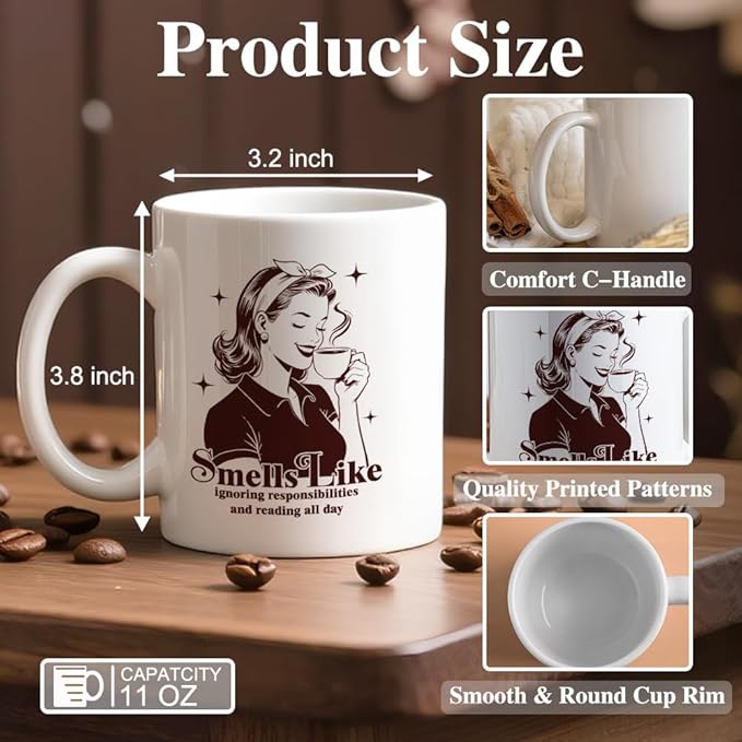 Smells Like Ignoring Responsibilities and Reading All Day Ceramic Coffee Mug for Women, Funny 11oz Vintage Book Mug for Book Lovers, Birthday Gifts for Bookish Readers Librarians Bookworms