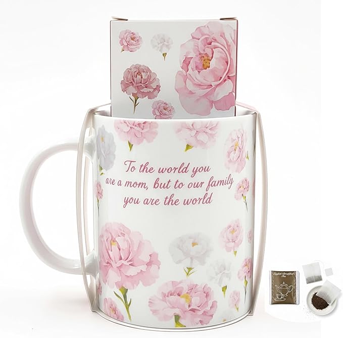 Mother's Day Mug Gift - Floral Ceramic Mug Boxed To The World You Are A Mom Porcelain Tea Coffee Cup and English Breakfast Tea Set for Mom Birthday Gift